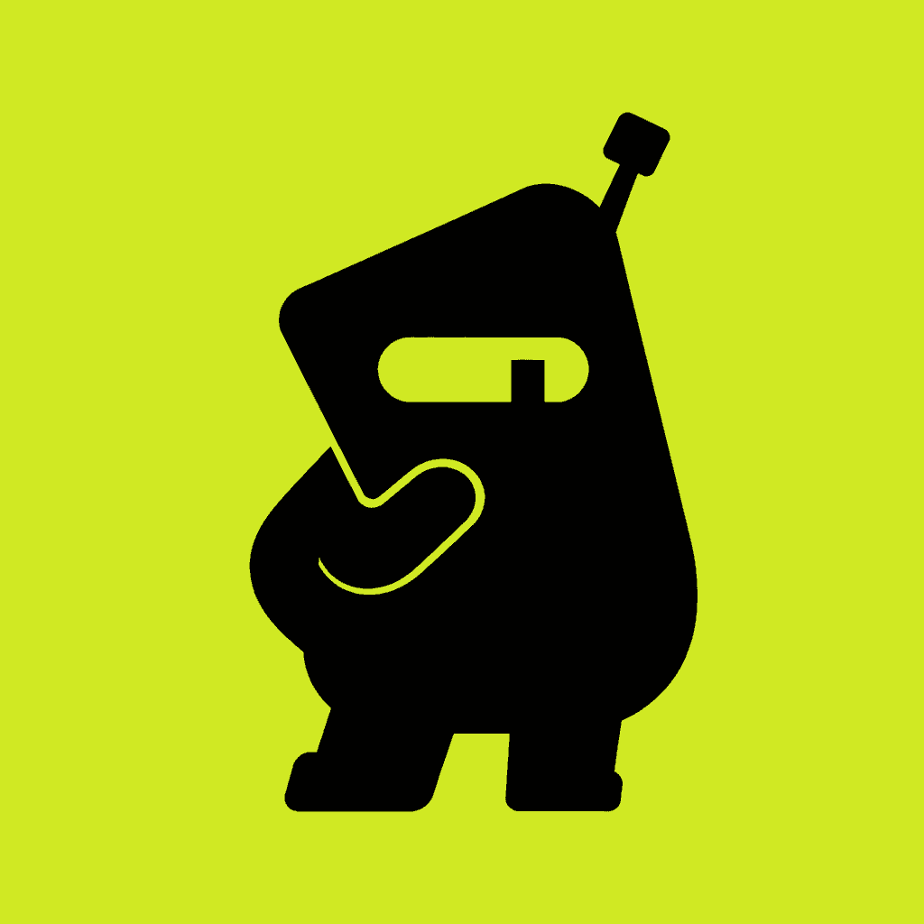 PonPon, a minimal black analytical mascot with a lime visor